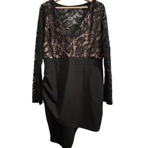 Plus Size Black Lace V Neck Ruched Asymmetrical Hem Dress 2X‎